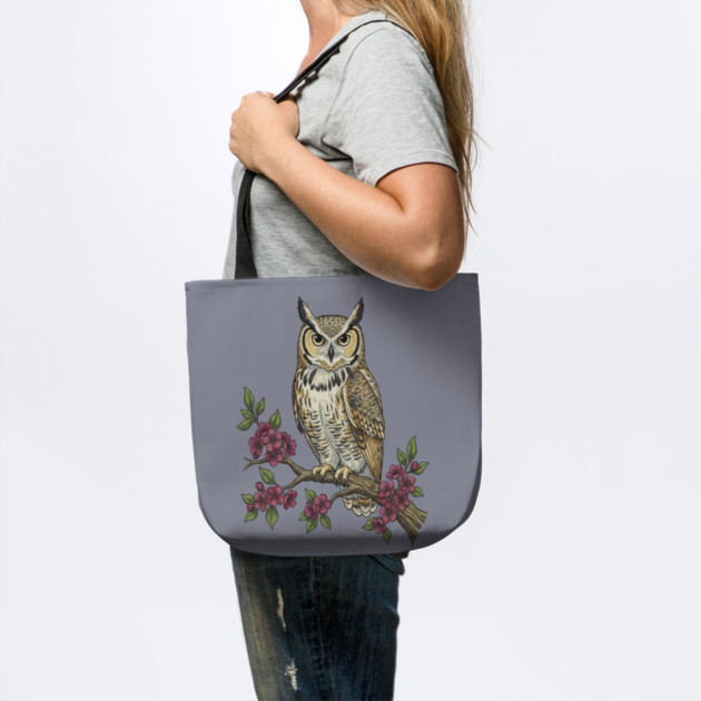 Great Horned Owl with Cherry Blossoms Botanical Art by BirdsnStuff