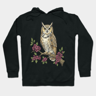 Great Horned Owl with Cherry Blossoms Botanical Art Hoodie