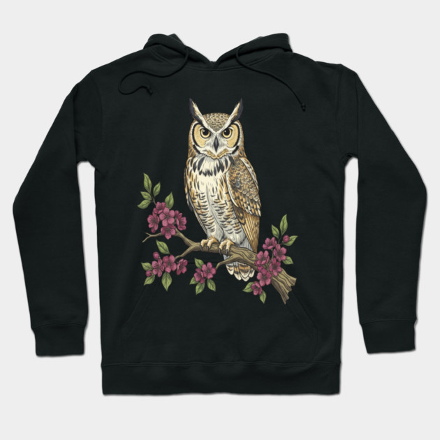 Great Horned Owl with Cherry Blossoms Botanical Art Hoodie by BirdsnStuff