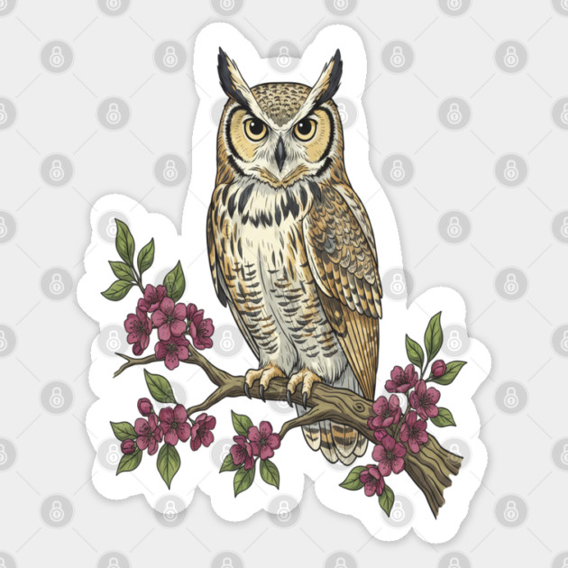 Great Horned Owl with Cherry Blossoms Botanical Art Sticker by BirdsnStuff