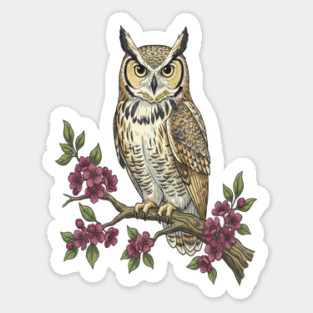 Great Horned Owl with Cherry Blossoms Botanical Art Magnet