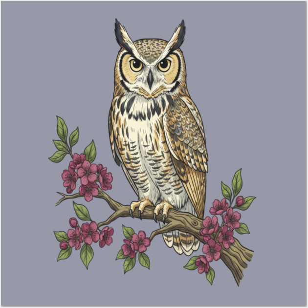Great Horned Owl with Cherry Blossoms Botanical Art Wall Art by BirdsnStuff
