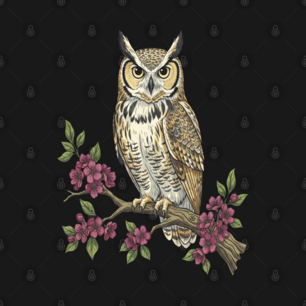 Great Horned Owl with Cherry Blossoms Botanical Art by BirdsnStuff