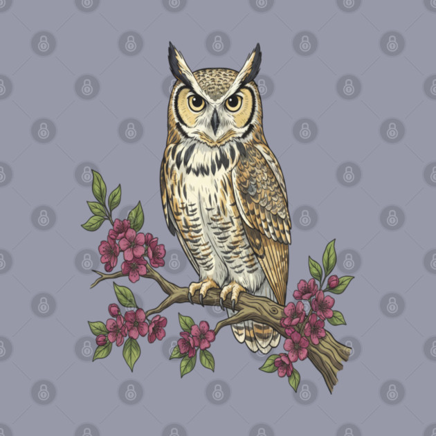 Great Horned Owl with Cherry Blossoms Botanical Art by BirdsnStuff