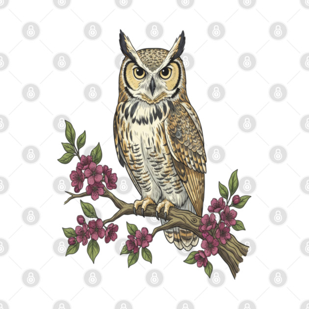 Great Horned Owl with Cherry Blossoms Botanical Art by BirdsnStuff