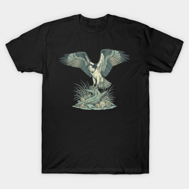 Osprey Seashell Coastal Wildlife Art T-Shirt by BirdsnStuff