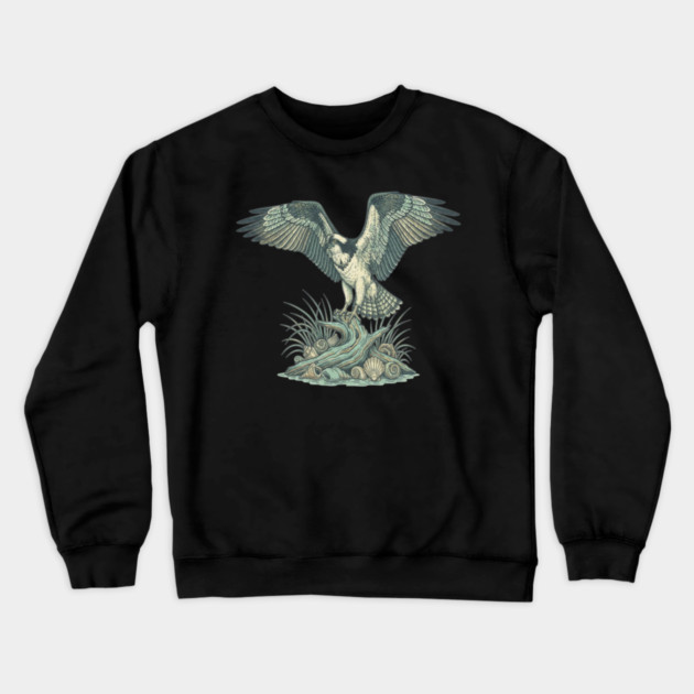 Osprey Seashell Coastal Wildlife Art Crewneck Sweatshirt by BirdsnStuff