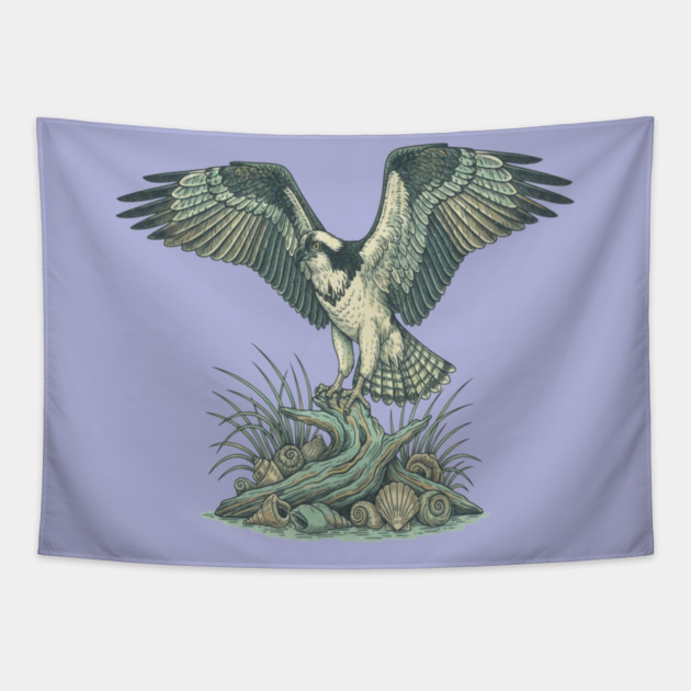 Osprey Seashell Coastal Wildlife Art Tapestry by BirdsnStuff