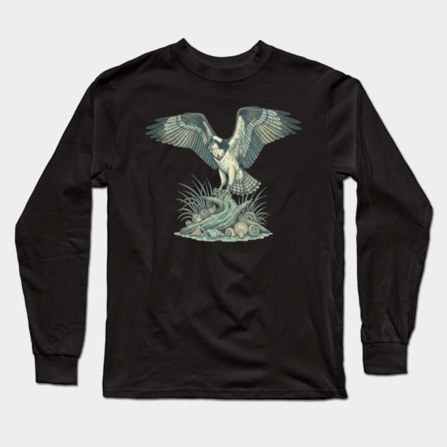 Osprey Seashell Coastal Wildlife Art Long Sleeve T-Shirt by BirdsnStuff