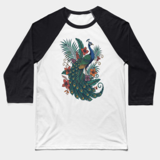 Regal Tropical Peacock Botanical Art Baseball T-Shirt