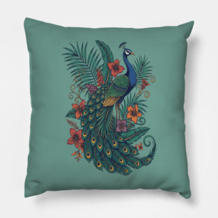Regal Tropical Peacock Botanical Art Pillow
