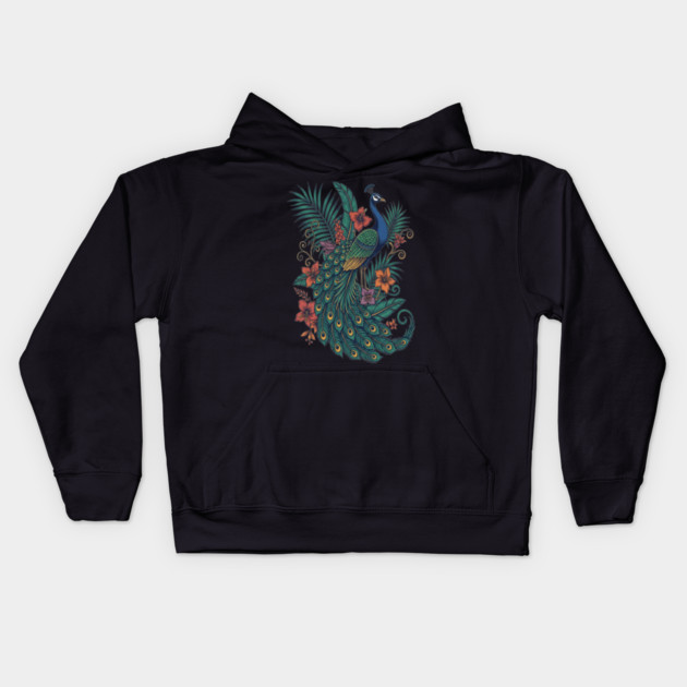Regal Tropical Peacock Botanical Art Kids Hoodie by BirdsnStuff