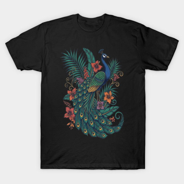 Regal Tropical Peacock Botanical Art T-Shirt by BirdsnStuff