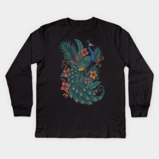 Regal Tropical Peacock Botanical Art Kids Long Sleeve T-Shirt