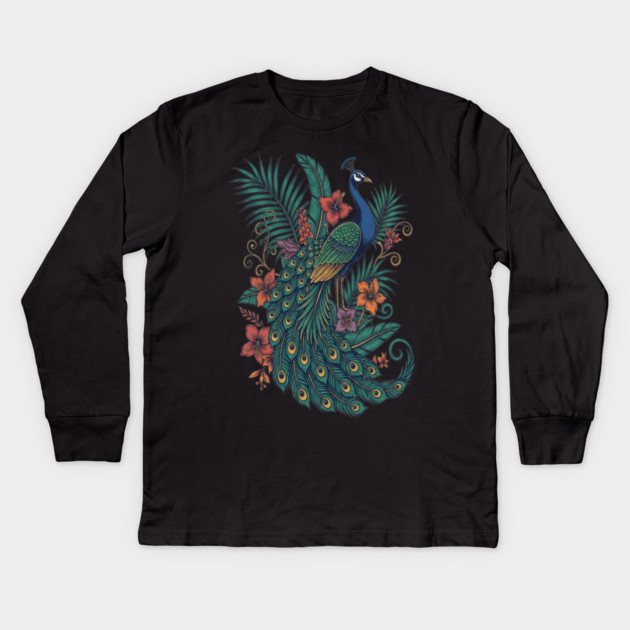 Regal Tropical Peacock Botanical Art Kids Long Sleeve T-Shirt by BirdsnStuff