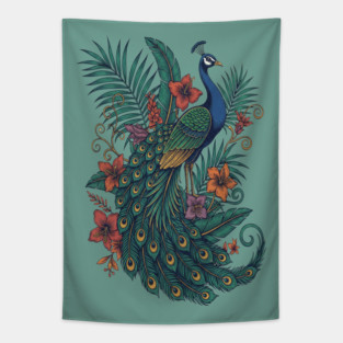 Regal Tropical Peacock Botanical Art Tapestry