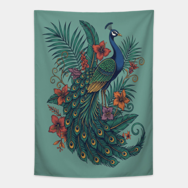 Regal Tropical Peacock Botanical Art Tapestry by BirdsnStuff