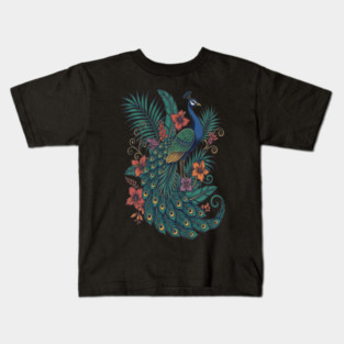 Regal Tropical Peacock Botanical Art Kids T-Shirt