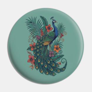 Regal Tropical Peacock Botanical Art Pin