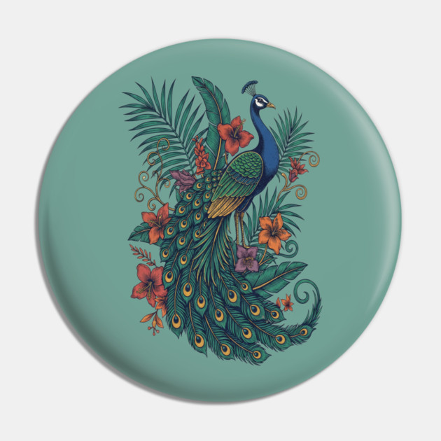 Regal Tropical Peacock Botanical Art Pin by BirdsnStuff
