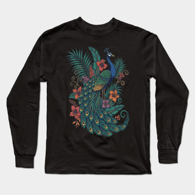 Regal Tropical Peacock Botanical Art Long Sleeve T-Shirt by BirdsnStuff