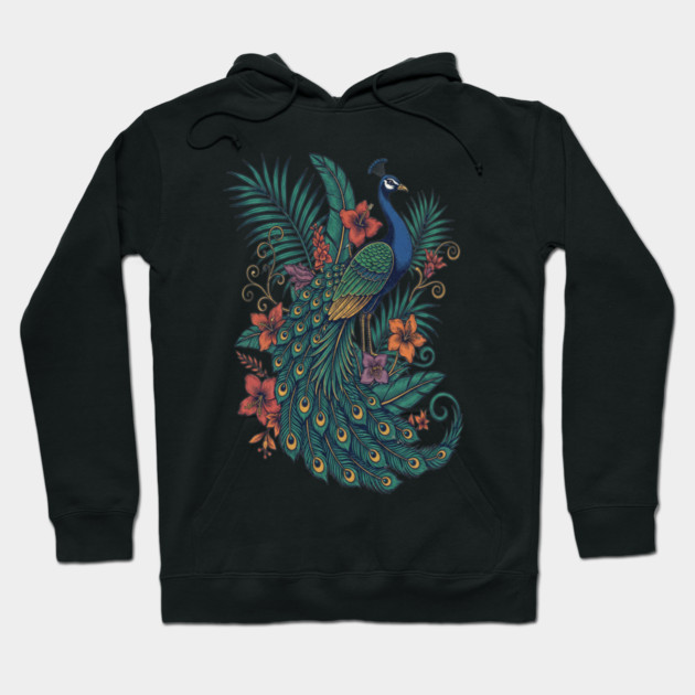 Regal Tropical Peacock Botanical Art Hoodie by BirdsnStuff