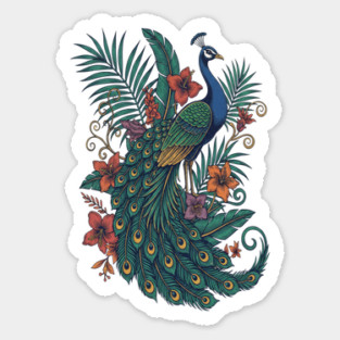 Regal Tropical Peacock Botanical Art Sticker