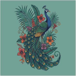 Regal Tropical Peacock Botanical Art Posters and Art