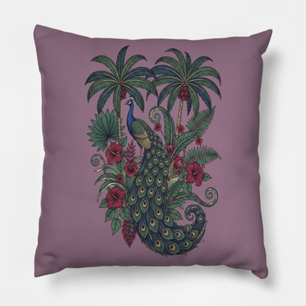 Palm Grove Peacock Wildlife Art Pillow by BirdsnStuff