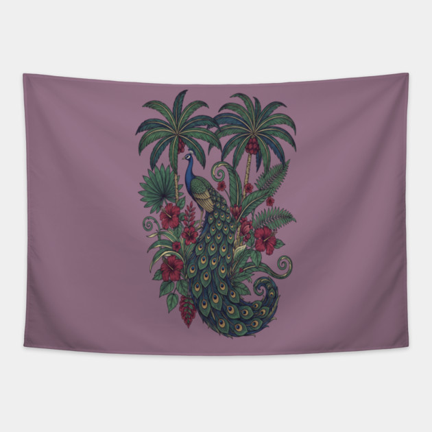 Palm Grove Peacock Wildlife Art Tapestry by BirdsnStuff