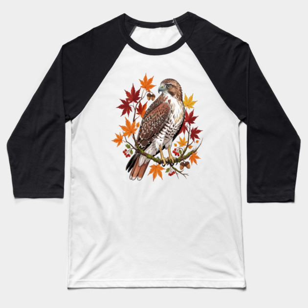 Autumn Maple Hawk Wildlife Art Baseball T-Shirt by BirdsnStuff