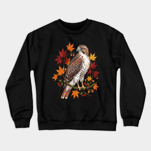 Autumn Maple Hawk Wildlife Art Crewneck Sweatshirt by BirdsnStuff