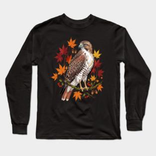 Autumn Maple Hawk Wildlife Art Long Sleeve T-Shirt