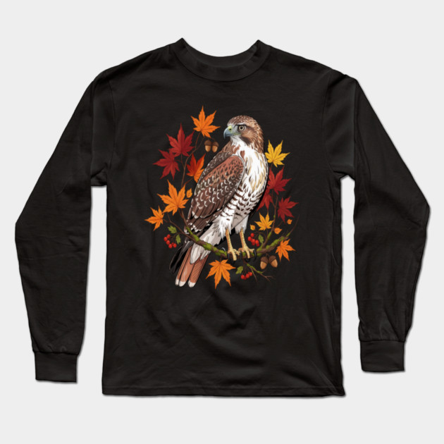 Autumn Maple Hawk Wildlife Art Long Sleeve T-Shirt by BirdsnStuff