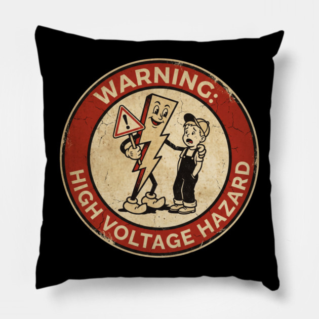 1950s Style Electricity Danger Sign - Funny Retro Safety Art Pillow by dtr_art