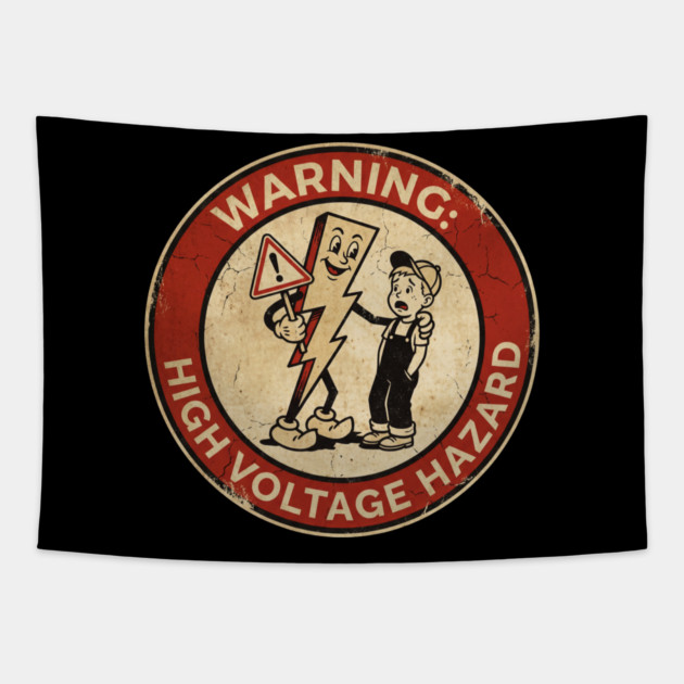1950s Style Electricity Danger Sign - Funny Retro Safety Art Tapestry by dtr_art