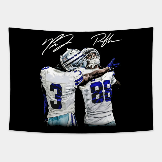 Texas Football Duo - Brandon & CeeDee Celebration Blue & Silver Art Tapestry by dtr_art