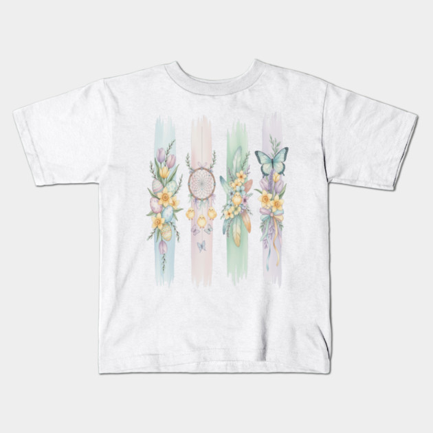 Pastel Easter Floral Stripe Artwork Kids T-Shirt by BirdsnStuff