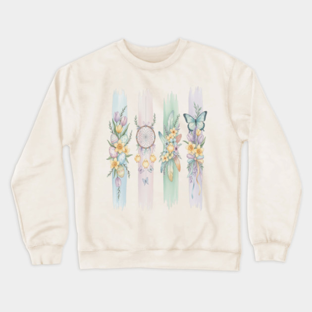 Pastel Easter Floral Stripe Artwork Crewneck Sweatshirt by BirdsnStuff