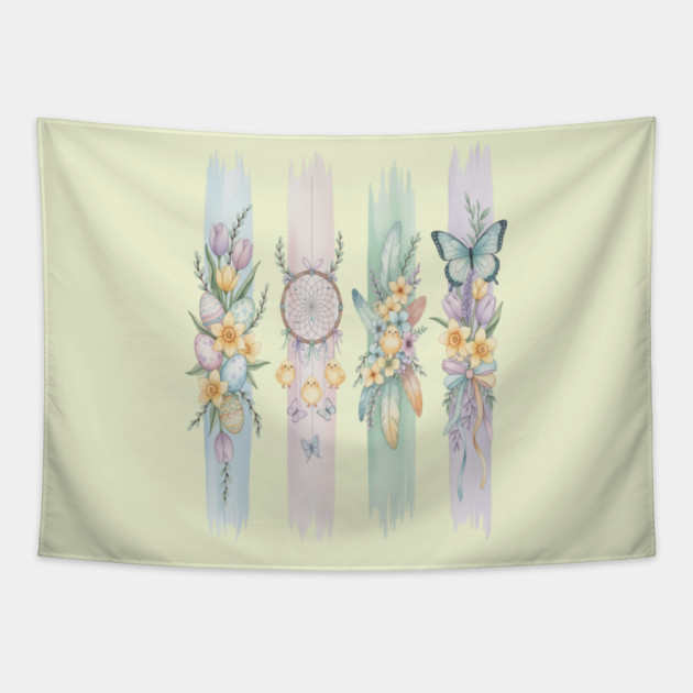 Pastel Easter Floral Stripe Artwork Tapestry by BirdsnStuff