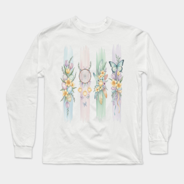 Pastel Easter Floral Stripe Artwork Long Sleeve T-Shirt by BirdsnStuff