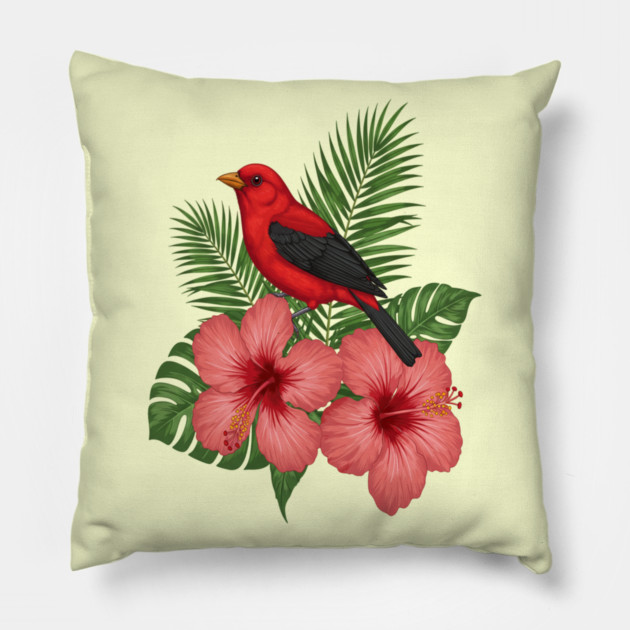 Scarlet Tanager Forest Songbird Pillow by BirdsnStuff