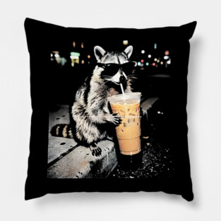 Raccoon-Drinking-Iced-Coffee Pillow