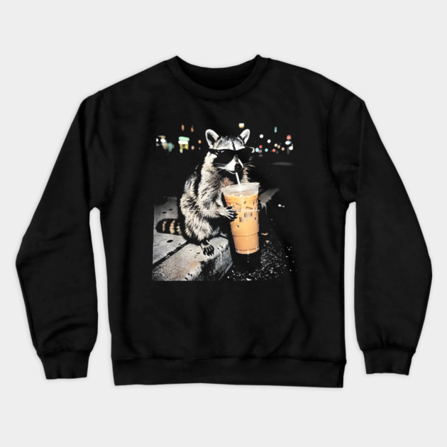 Raccoon-Drinking-Iced-Coffee Crewneck Sweatshirt by dtr_art