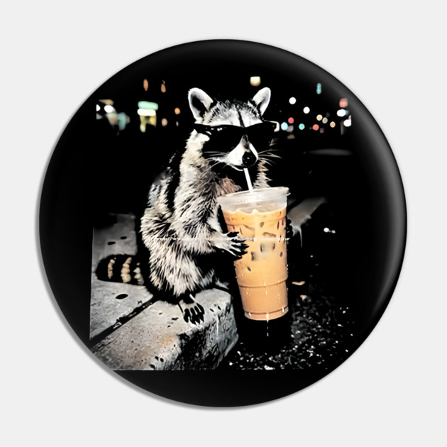 Raccoon-Drinking-Iced-Coffee Pin by dtr_art