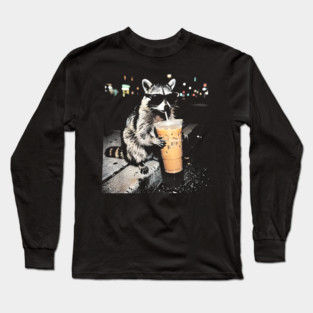 Raccoon-Drinking-Iced-Coffee Long Sleeve T-Shirt