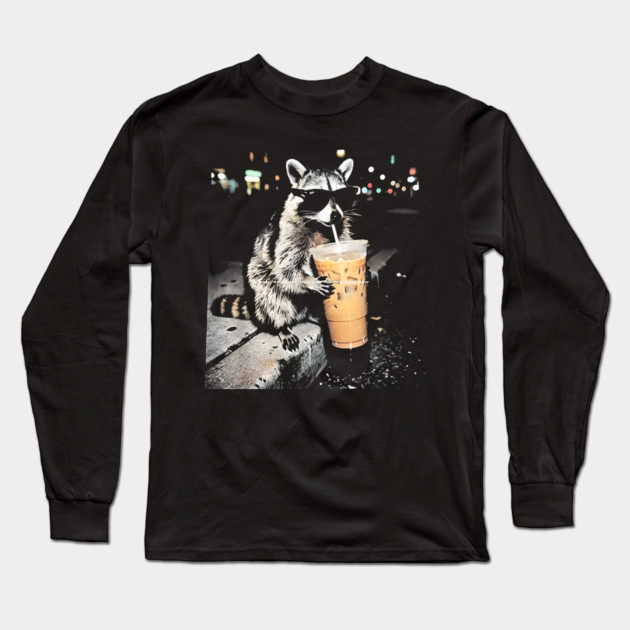 Raccoon-Drinking-Iced-Coffee Long Sleeve T-Shirt by dtr_art