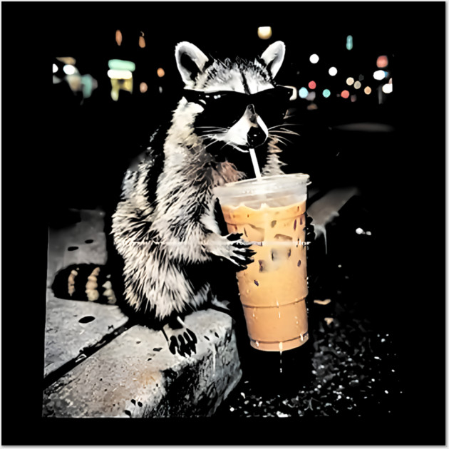 Raccoon-Drinking-Iced-Coffee Wall Art by dtr_art
