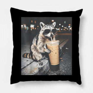 Raccoon-Drinking-Iced-Coffee Pillow