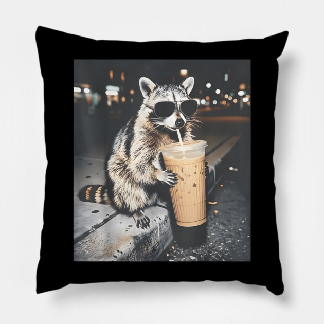 Raccoon-Drinking-Iced-Coffee Pillow by dtr_art